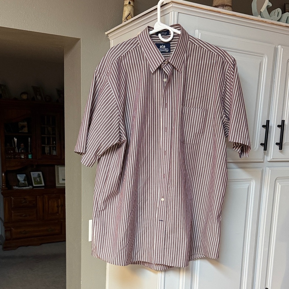 Stafford Men's Burgundy and White Striped Button Down Shirt